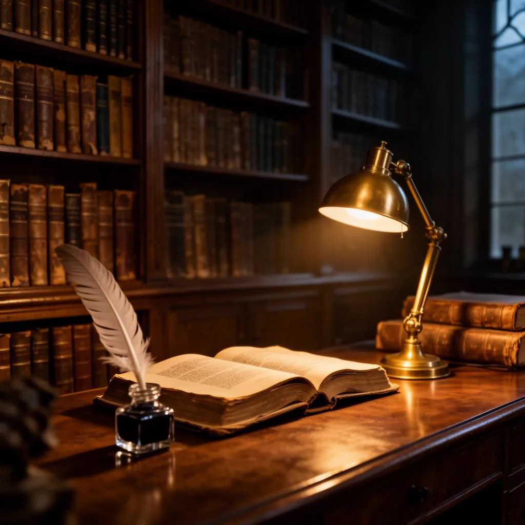 Biblioteca antiga com livro aberto, caneta de pena e luminária